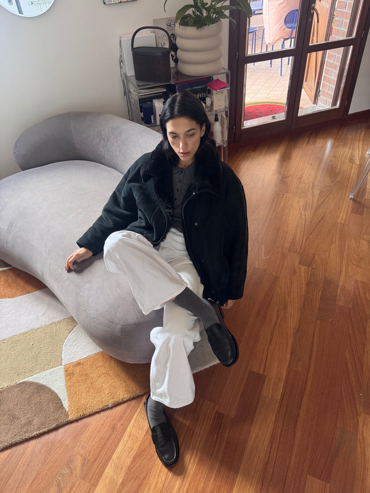 Black bomber shearling