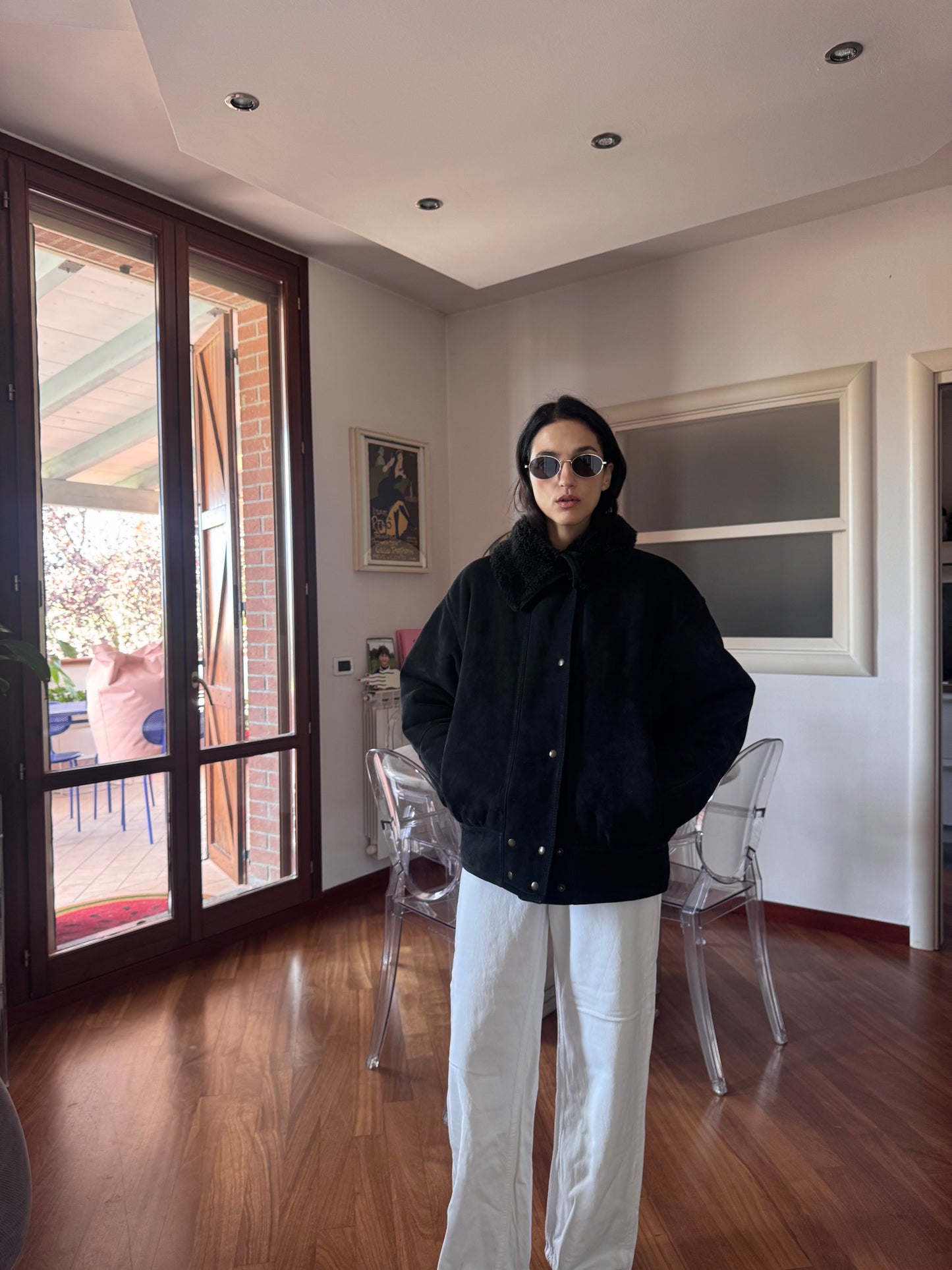 Black bomber shearling