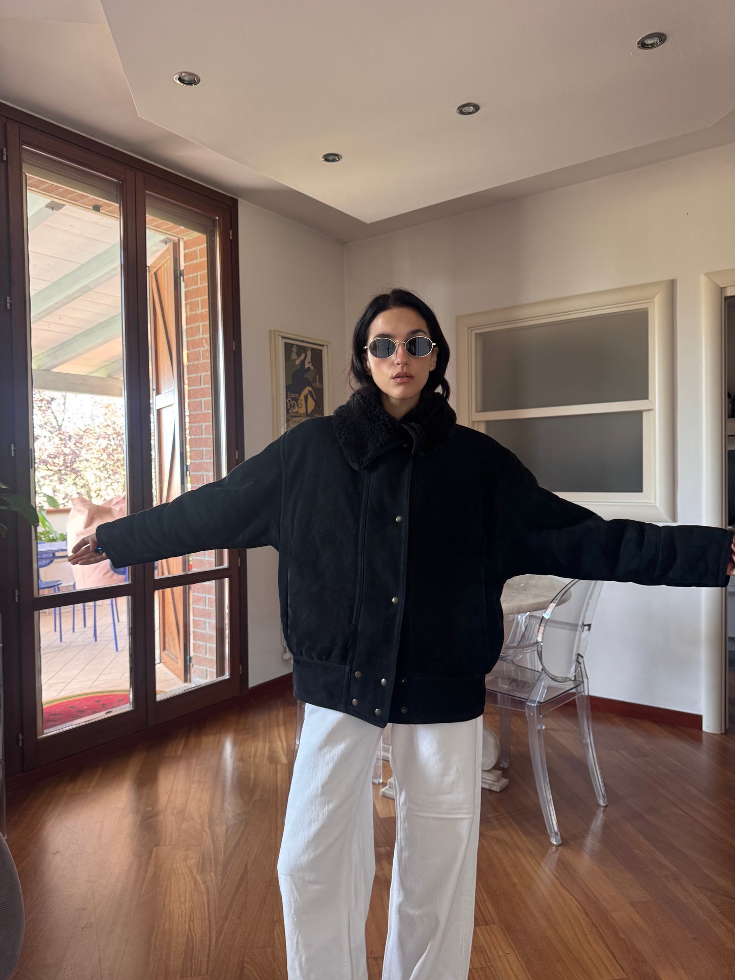 Black bomber shearling