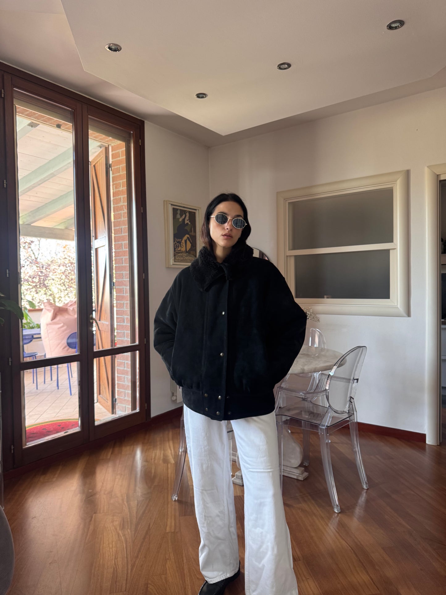 Black bomber shearling