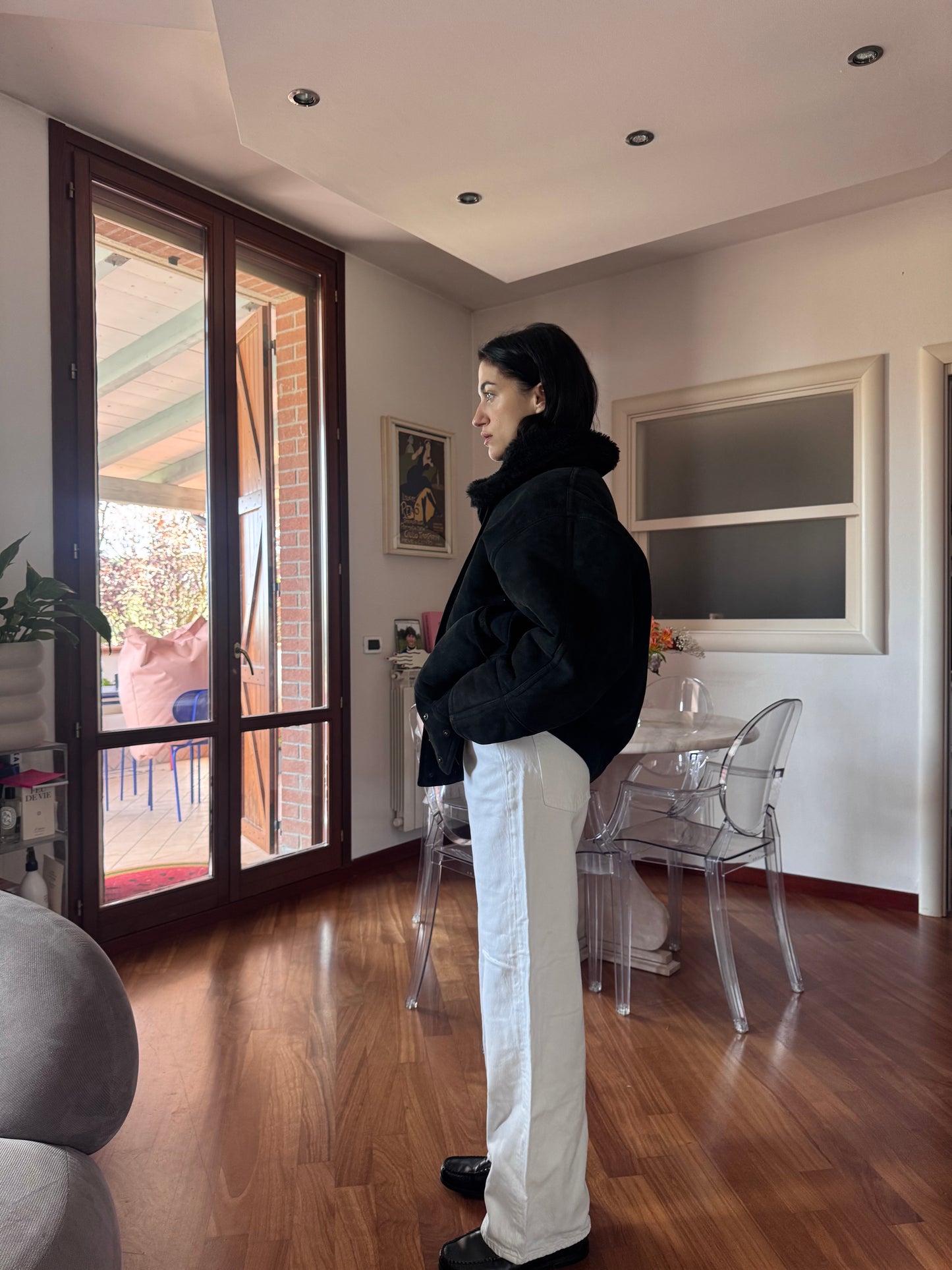 Black bomber shearling