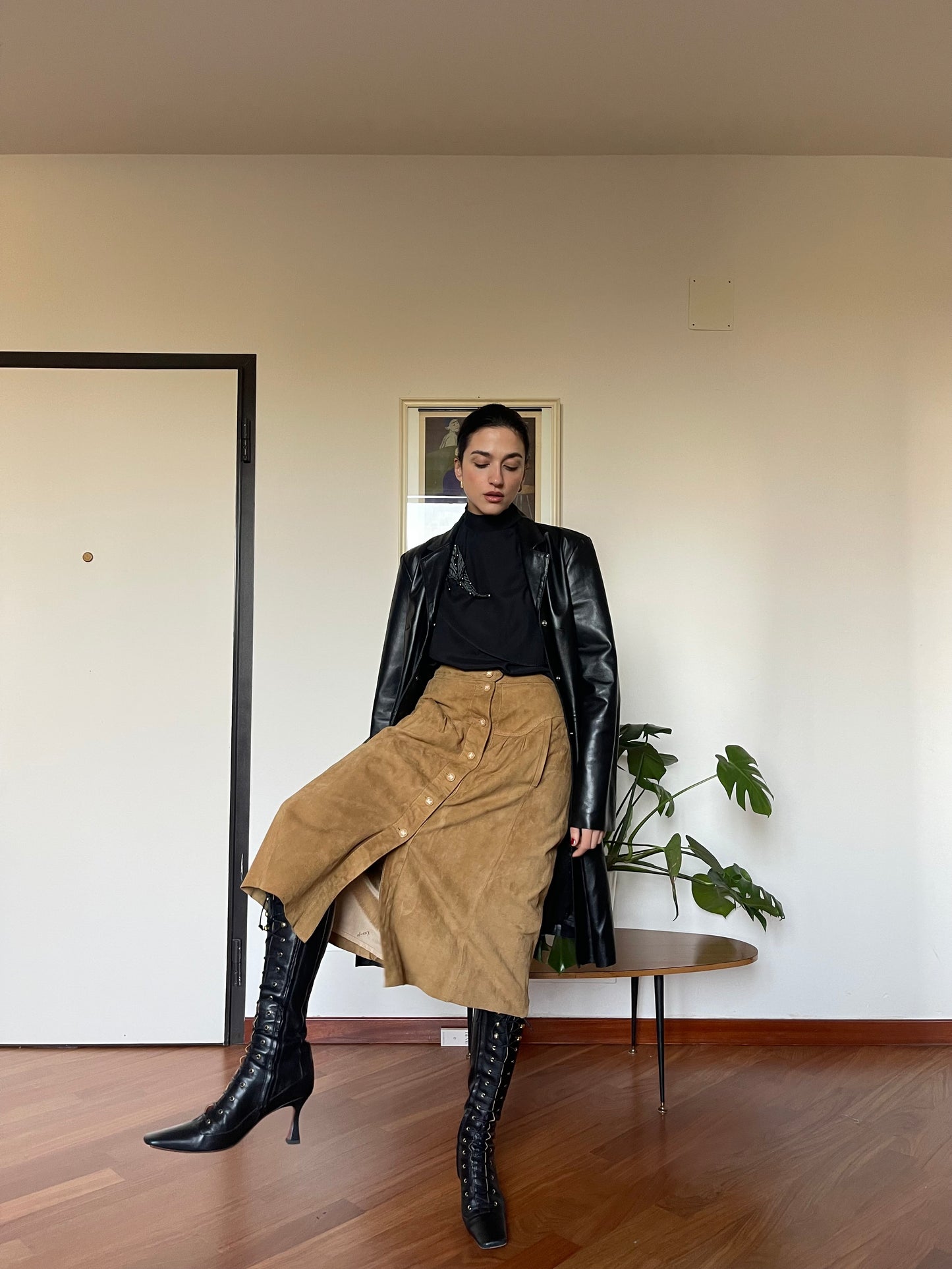 Suede midi skirt