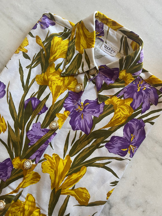 purple & gold floral shirt