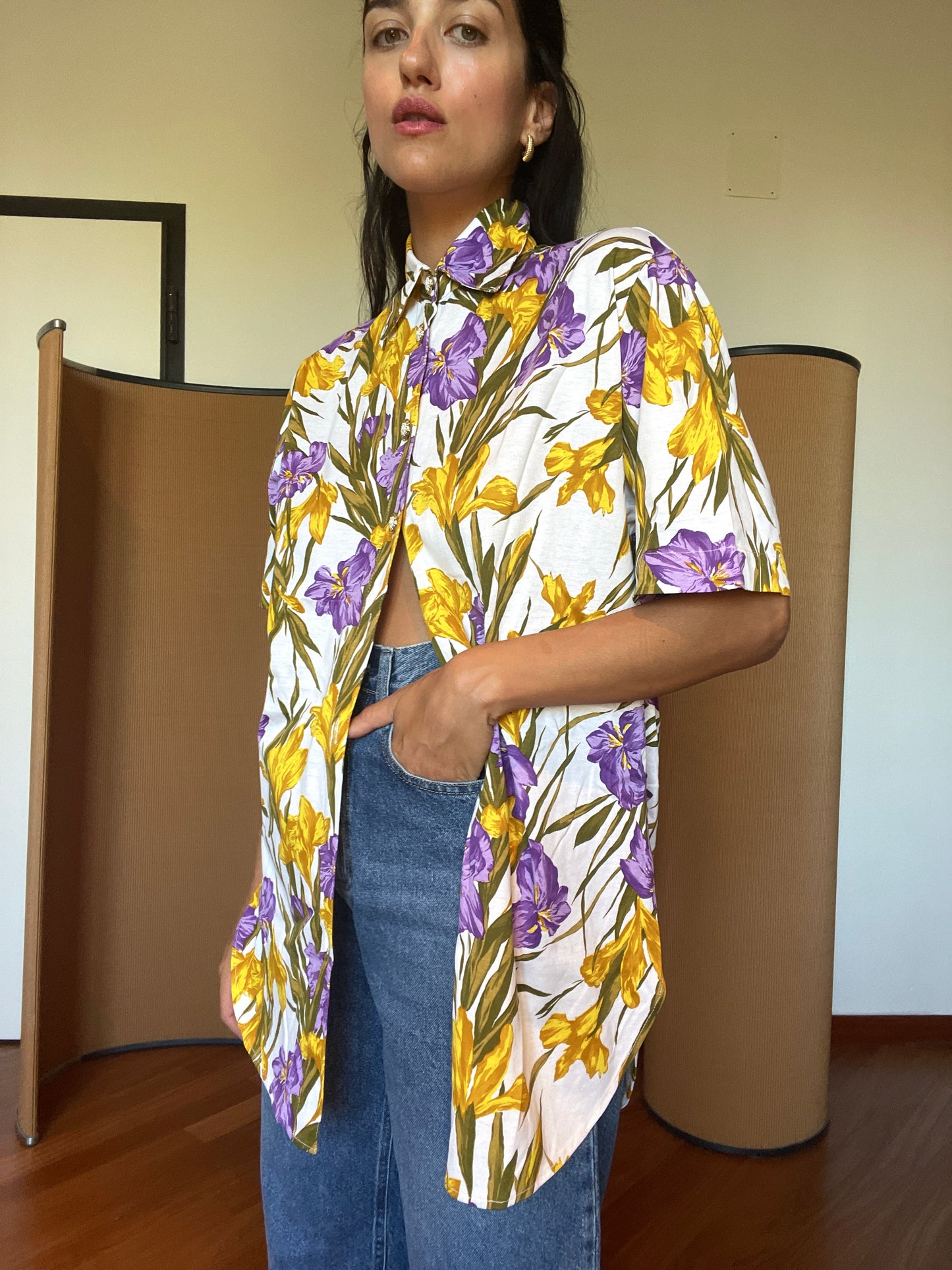 purple & gold floral shirt