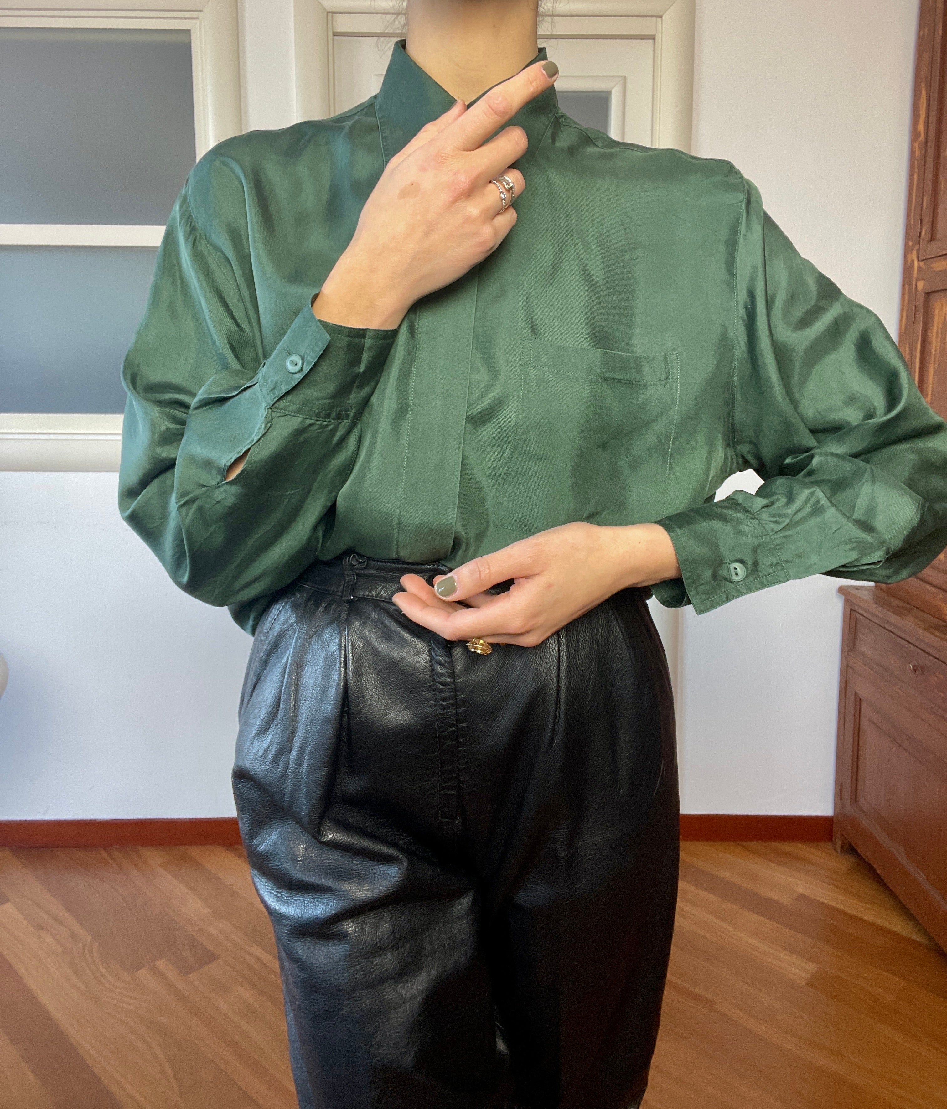 Silk Jacquard Shirt in Dark Green