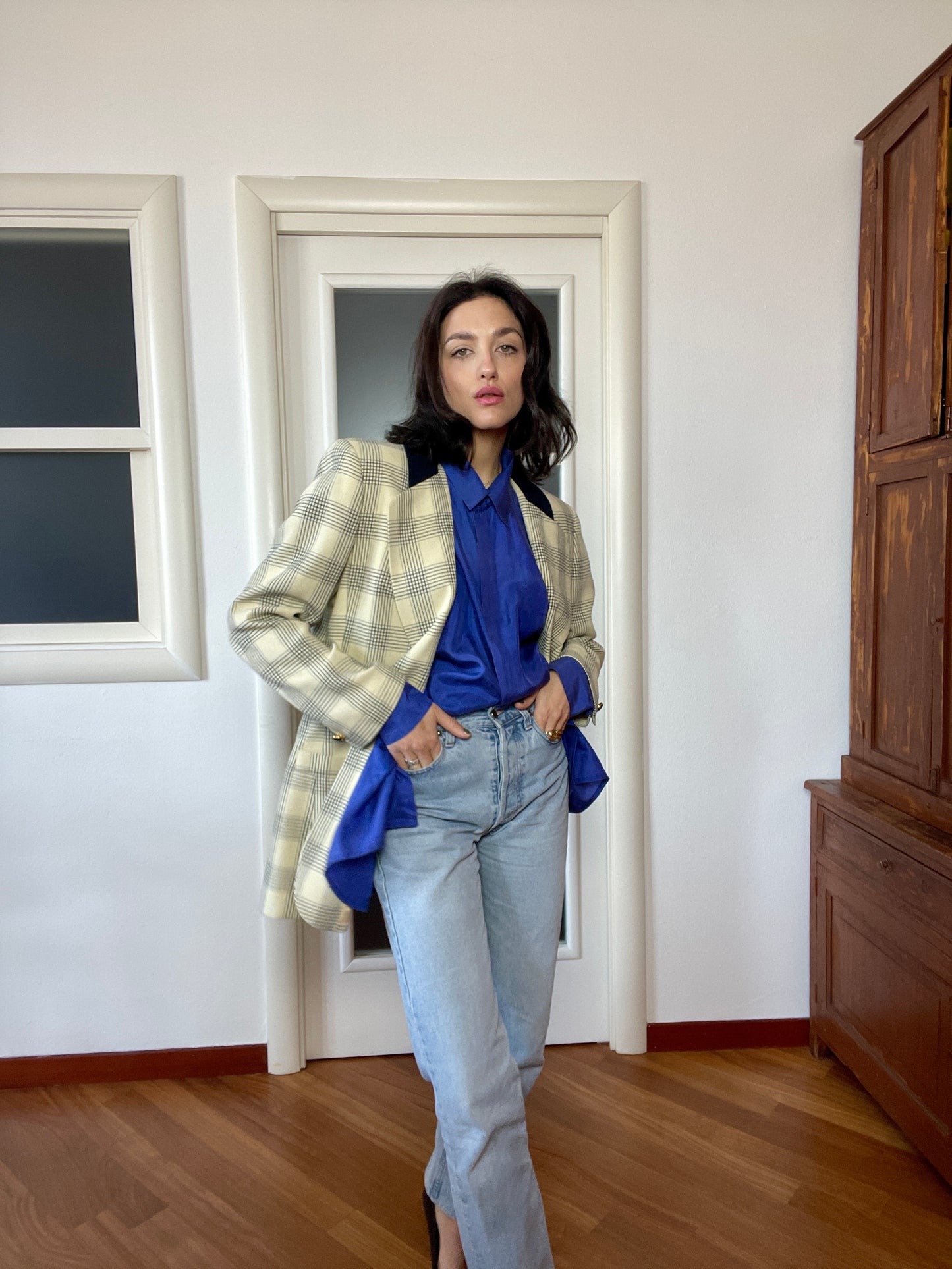 The cream and blue blazer