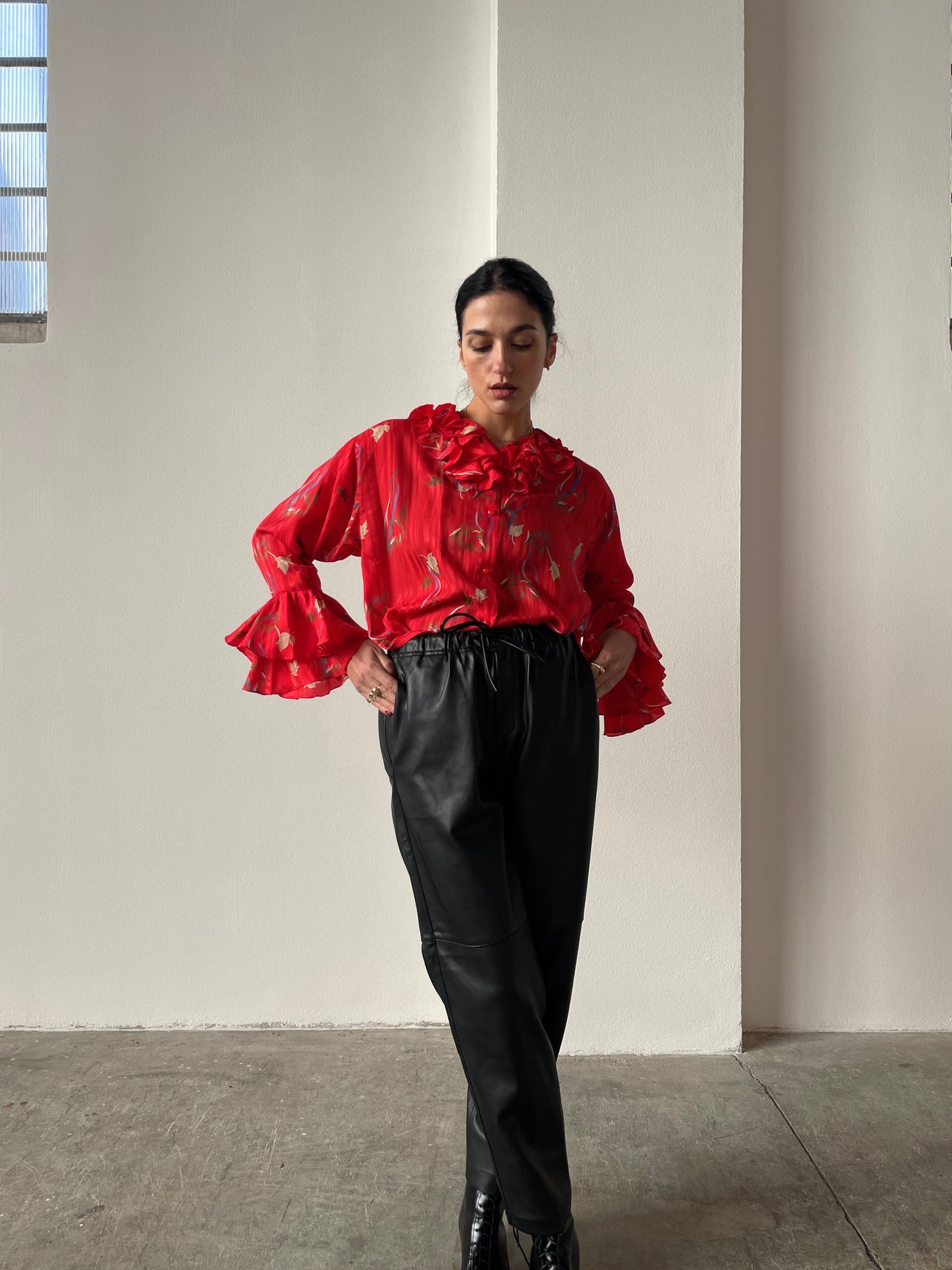 Red floral silk blouse