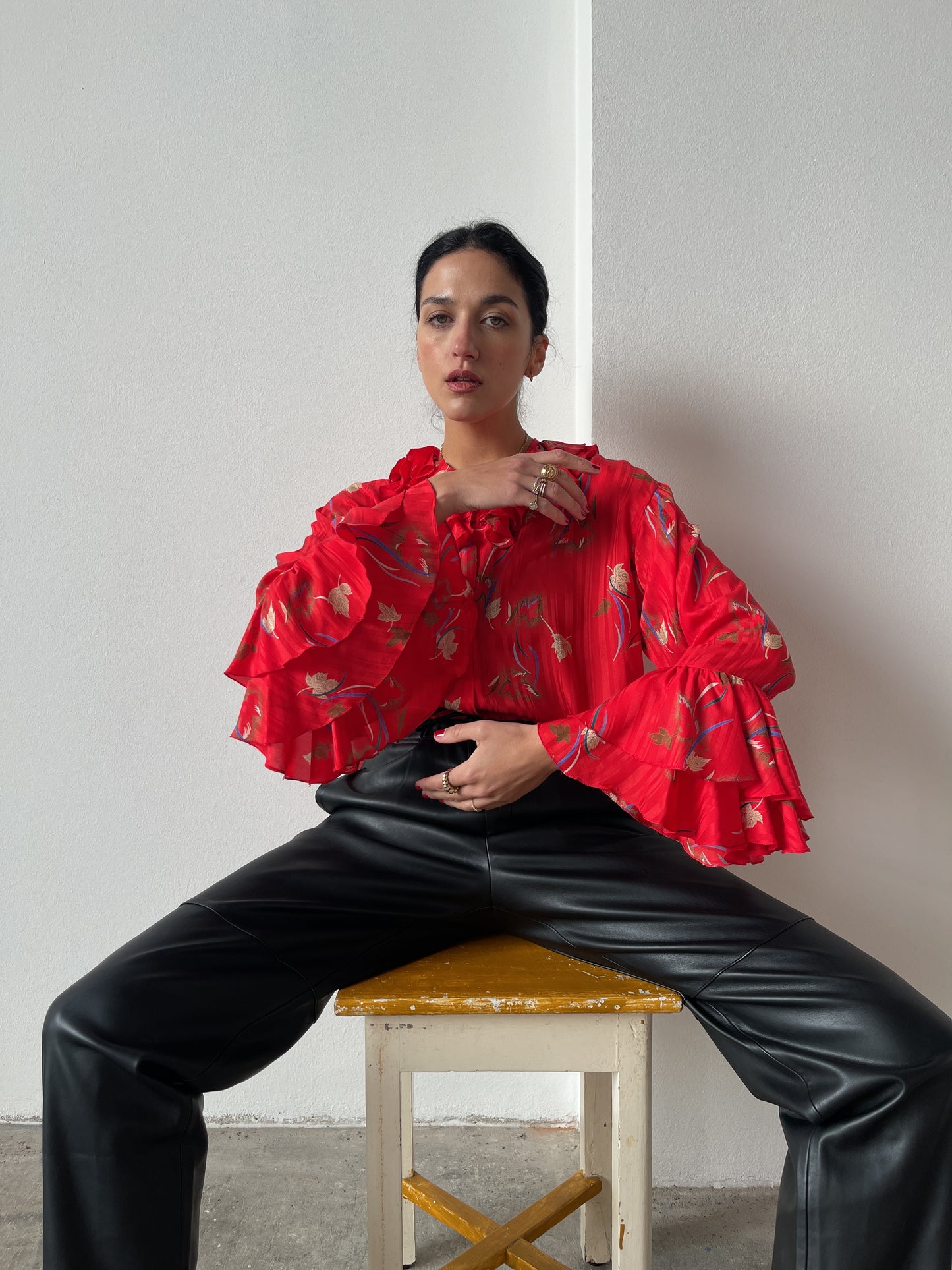 Red floral silk blouse
