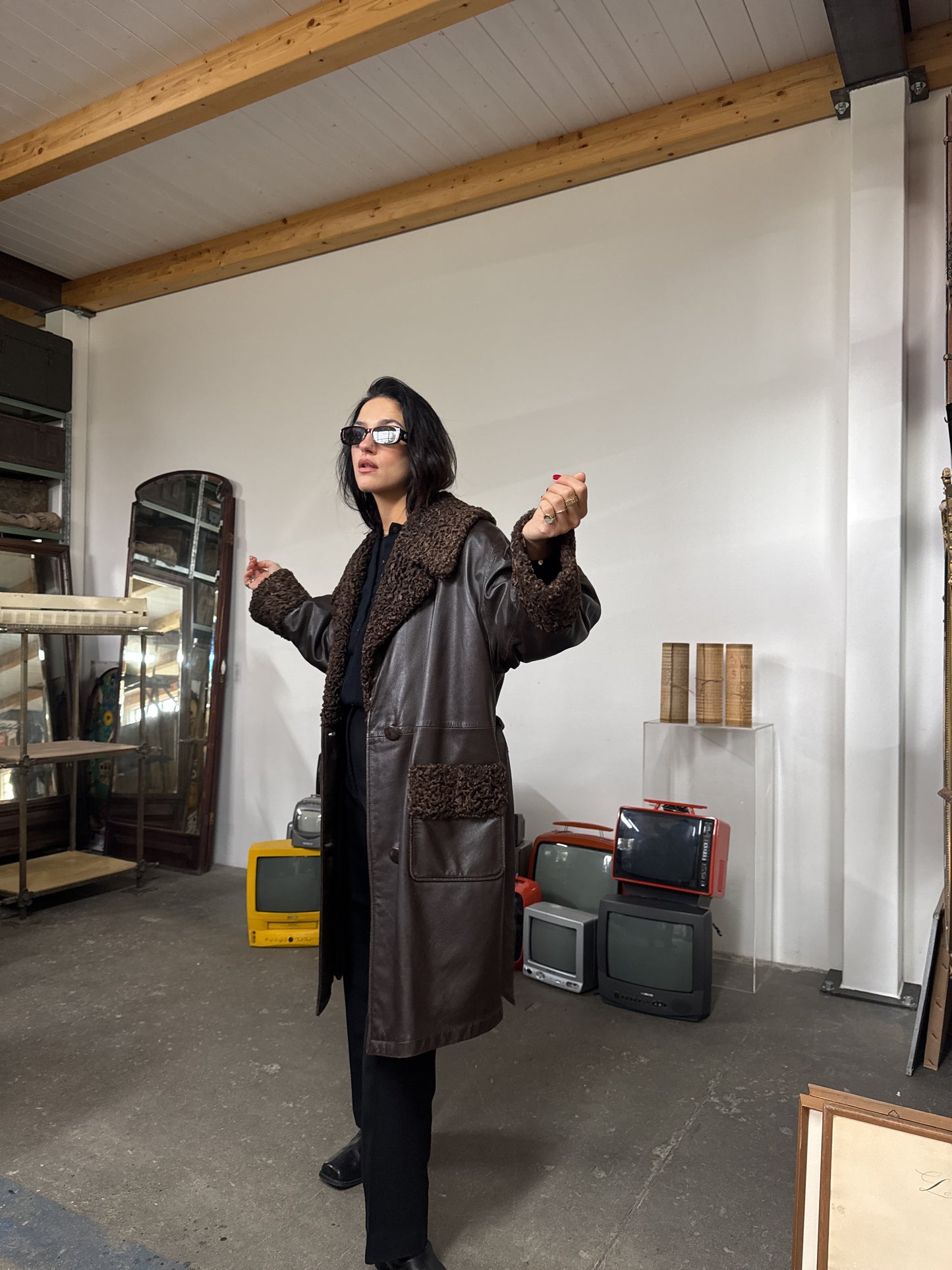 Whiskey & soda leather & astrakan coat