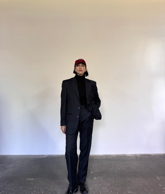 Deep blue pinstriped suit