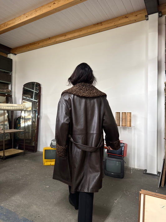 Whiskey & soda leather & astrakan coat