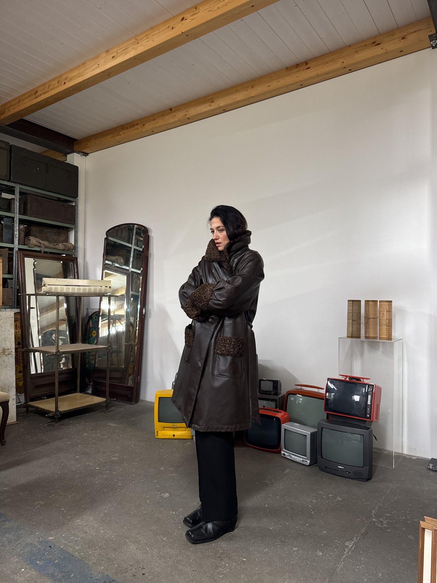 Whiskey & soda leather & astrakan coat