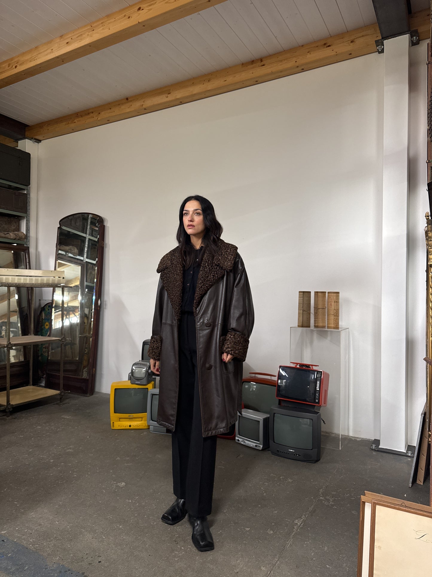 Whiskey & soda leather & astrakan coat