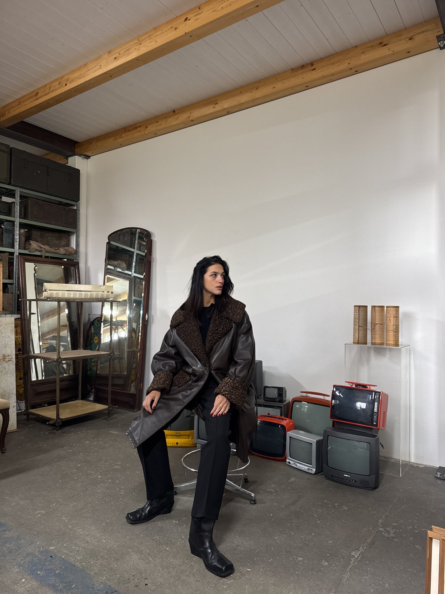 Whiskey & soda leather & astrakan coat