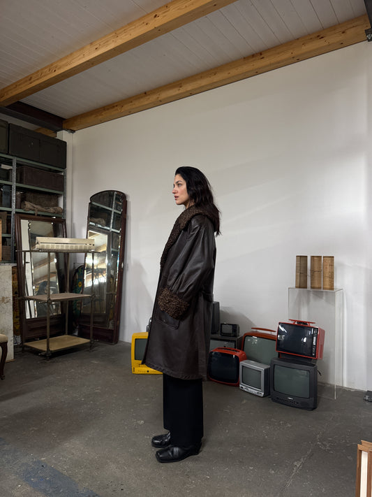 Whiskey & soda leather & astrakan coat
