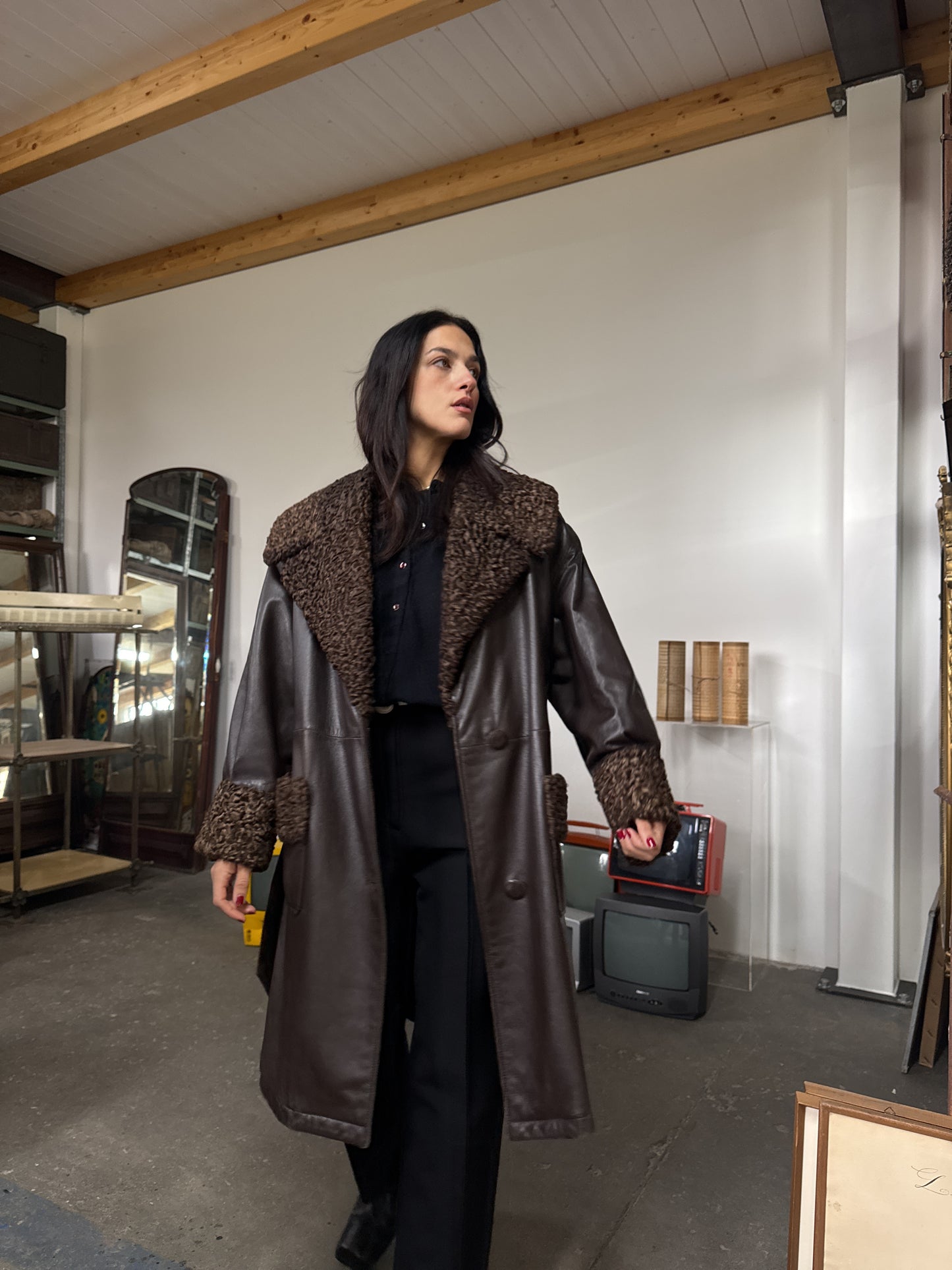 Whiskey & soda leather & astrakan coat