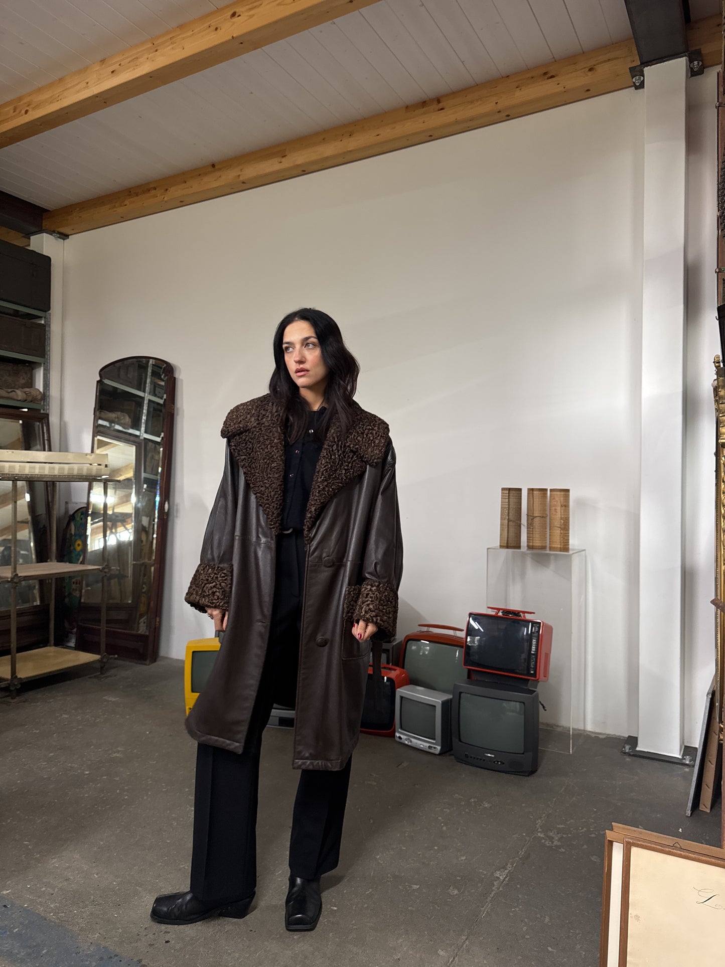 Whiskey & soda leather & astrakan coat