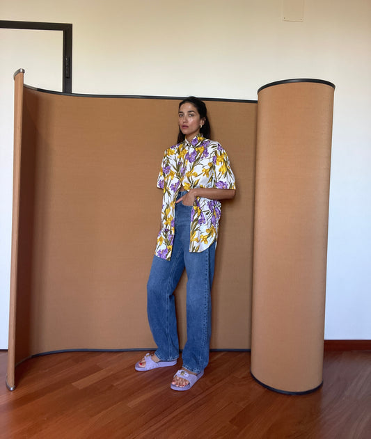 purple & gold floral shirt