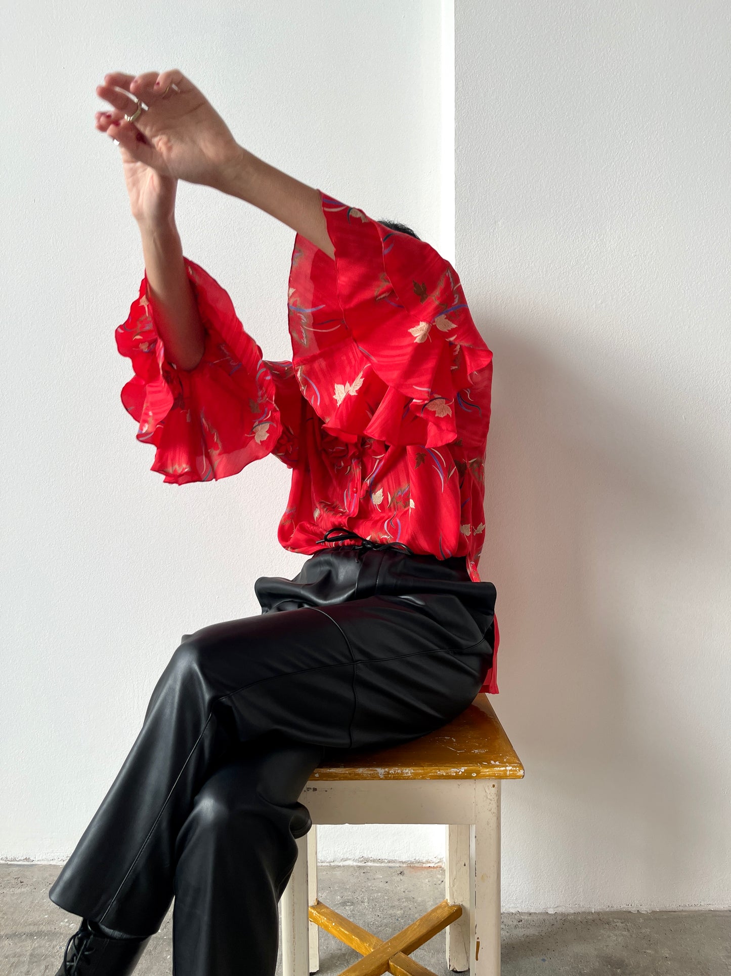 Red floral silk blouse