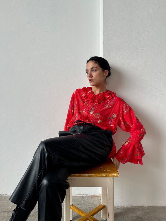 Red floral silk blouse